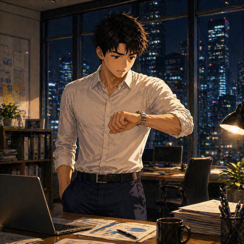 ชายหนุ่มในออฟฟิศมองนาฬิกาข้อมือ